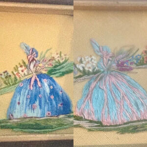 Vintage|  50s Set of 2 Antique Embroidered Ladies in Nature Wall Hangings 5 x 5”